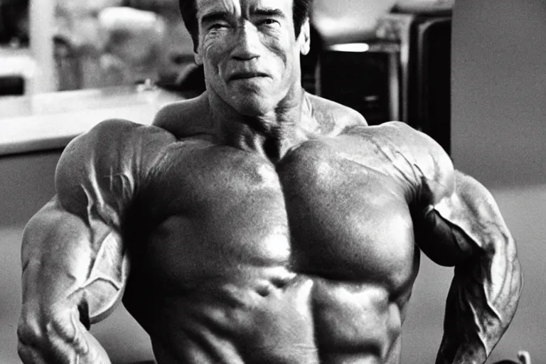 Image similar to arnold schwarzenegger with tiny shriveled arms