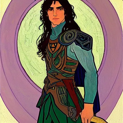 Image similar to painting of young handsome beautiful paladin elf! man with long wavy dark hair in his 2 0 s named shadow taehyung at the blueberry party, wearing armor!, elegant, clear, painting, stylized, delicate, soft facial features, art, art by alphonse mucha, vincent van gogh, egon schiele,