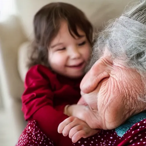 Image similar to An elderly lady has her little 3-year-old baby girl sitting on her lap. They are both happy.