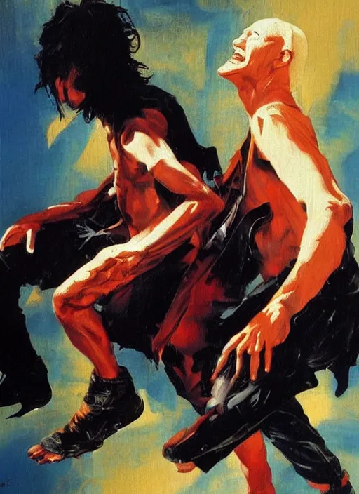 Image similar to bill and ted, painting by phil hale, fransico goya,'action lines '!!!, graphic style, visible brushstrokes, motion blur, blurry, visible paint texture, crisp hd image