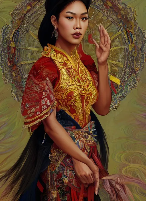 Image similar to portrait of an indonesian supermodels wearing traditional costume, highly detailed, digital painting, artstation, concept art, sharp focus, illustration, art by kittichai rueangchaichan and james gurney and alphonse mucha