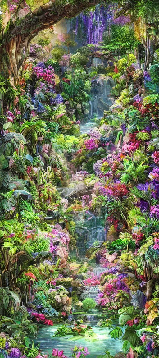 Prompt: cascading concept art of an exotic garden with flowers and big trees, detailed, highly detailed, aesthetic, realistic, hyper realism, colorful, in depth, intricate,