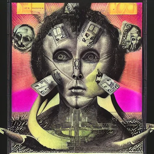 Image similar to post - punk new age album cover, asymmetrical design, frame of a dollar bank notes, capitalism, magic, apocalypse, psychedelic, black white pink, magic, giger h. r., giuseppe arcimboldo