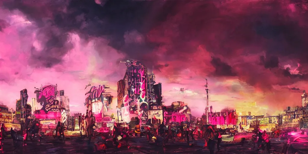 Image similar to oil painting, a lot of punks, pink, rich deep colors masterpiece, neon, ultra detailed, contrast, heaven pink, lots of roman arches, punk rock with mohawks, clouds, sky, volumetric light, atmospheric lighting, dramatic, cinematic, moody, octane render 4 k, 8 k