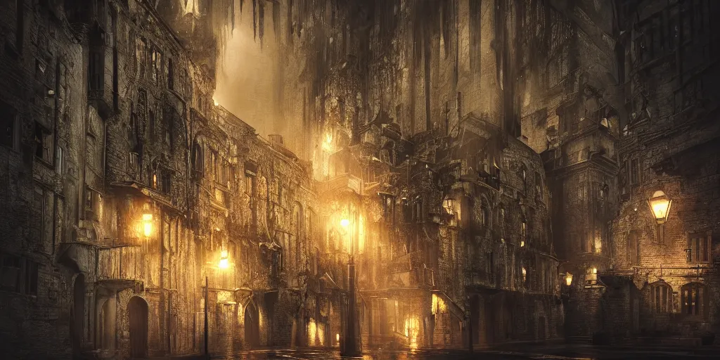 Image similar to A hauntingly beautiful city in a dark cavern, rainy and gloomy atmosphere, fantasy digital art, octane render, beautiful composition, trending on artstation, award-winning photograph, masterpiece