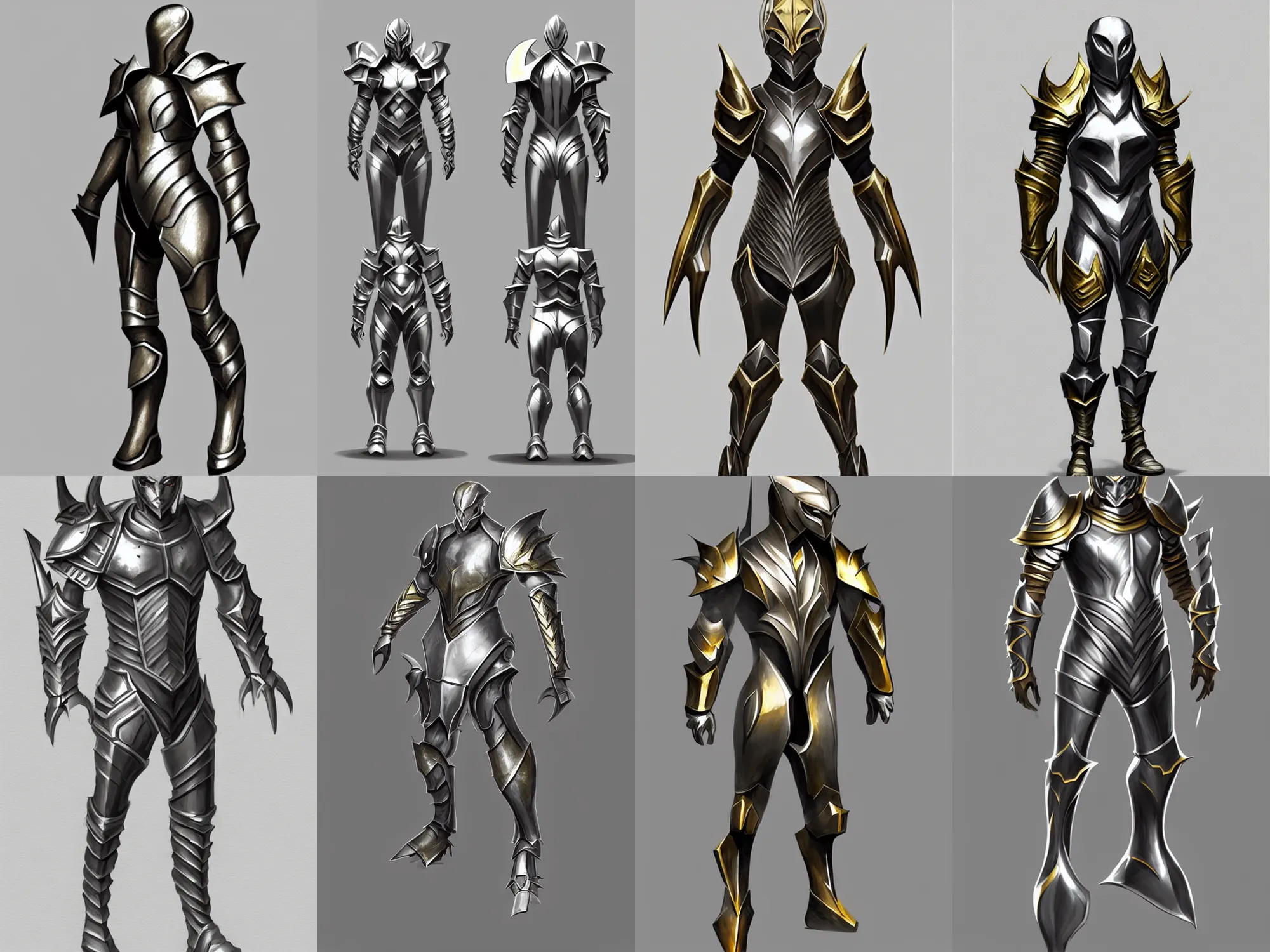 Prompt: fantasy armor, V-shaped torso, concept sketch, silver with gold trim, extremely polished, heavy exaggerated proportions, flat shading, smooth, uncluttered, extremely clean, fantasy character portrait, professional concept art, front view, A-pose, full body