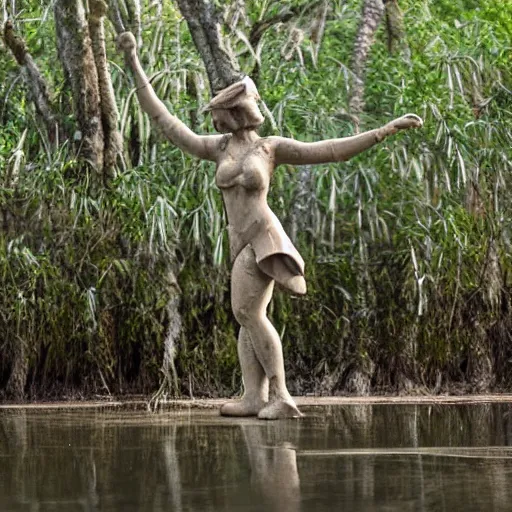 Image similar to a dancer made of wet clay in a mangrove swamp, cinematic light, beautiful dreamy lighting,