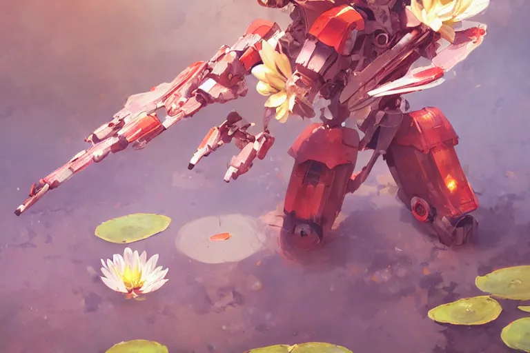 Image similar to flower headed combat mecha whose top half is shaped like a waterlily, bandai box art, behance hd artstation by jesper ejsing, rhads, makoto shinkai, lois van baarle, ilya kuvshinov, ossdraws, laurie greasley, victo ngai, andreas rocha, gundam box art