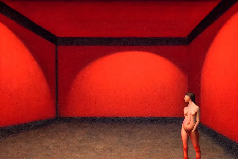 Image similar to only with red, crowd screaming, an exposed painting in a roman theater, in the style of beksinski, parts by edward hopper, parts by rodcenko, parts by yue minjun, intricate and epic composition, red by caravaggio, insanely quality, highly detailed, masterpiece, red light, artstation, 4 k