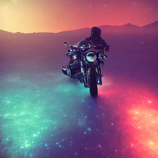 Image similar to a motorcycle floating in space inside magic colorful glowing fog, starry sky, tranquil, desolate, atmospheric, hazy, autochrome, 8k, photo, octane render, unreal engine 5