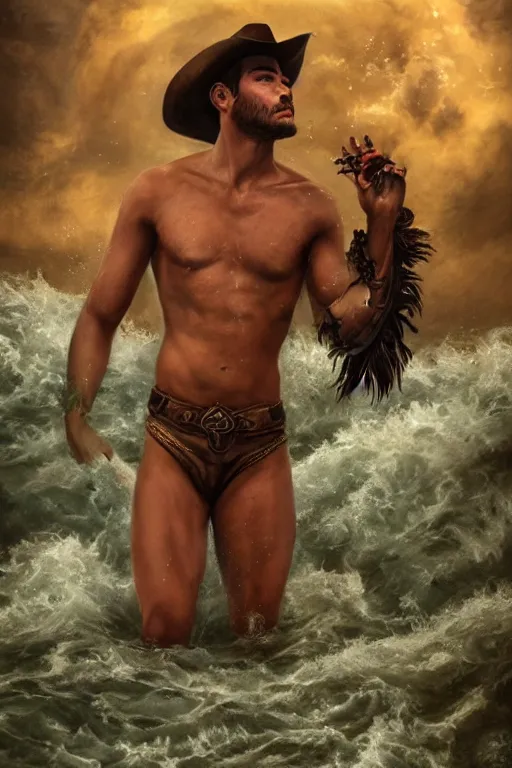 Prompt: a dramatic, epic, ethereal tarot painting of a handsome cute brown shirtless cowboy | background is a torrential flooding river | tarot!! card, art deco, art nouveau | by Mark Maggiori | trending on artstation