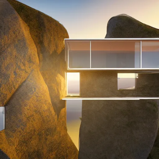 Prompt: extremely detailed non-Euclidean stunning sophisticated very thin beautiful house of 6 levels on a cliff, stunning volumetric light, sunset, multi-colored concrete and glass and translucent material, stunning skied, 8k