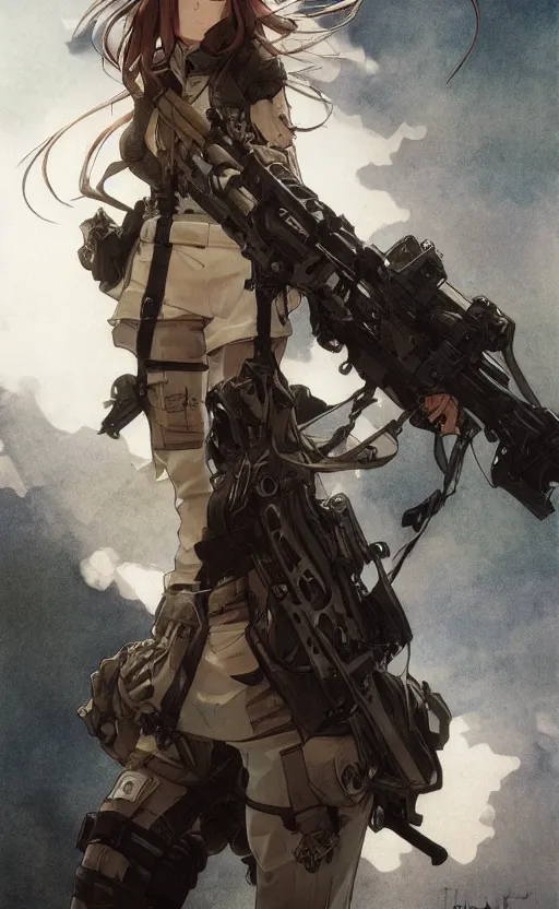 Image similar to character design of infantry girl, anime style, symmetrical facial features long hair, hair down, konpeki no kantai, hyper realistic, pale skin, rule of thirds, extreme detail, 4 k, detailed drawing, trending artstation, realistic lighting, by alphonse mucha, greg rutkowski, sharp focus, backlit, combat vest