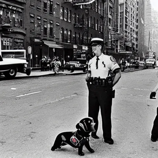 Image similar to paw patrol as cops in new york city, old historical photograph, 1 9 6 5, on the streets of harlem, artistic, gritty, heroic