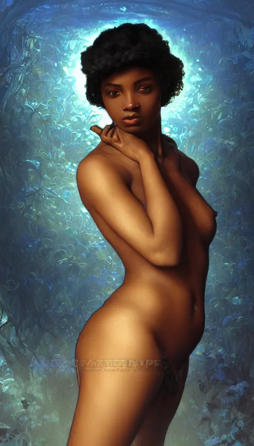 Prompt: Portrait of a beautiful dark skinned mermaid, mermaid, realistic, photo real, blue lighting, intricate, elegant, highly detailed, digital painting, artstation, smooth, sharp focus, illustration, art by artgerm and greg rutkowski and alphonse mucha and Wayne Barlowe and william-adolphe bouguereau