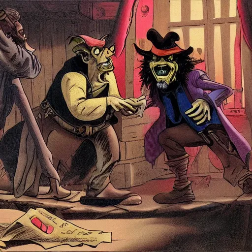 Image similar to a goblin with a large nose and a pirate with a bandana negotiating a contract with Micheal Morbius in a Western saloon.