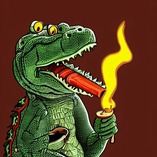 Image similar to a crocodile wearing smoking a cigar