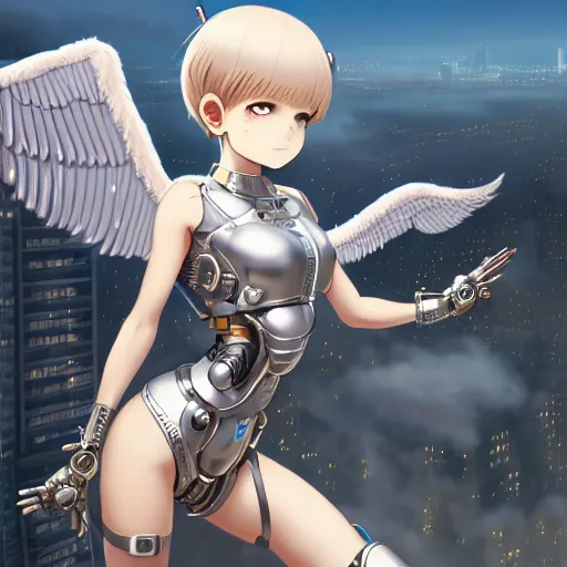 Image similar to cute cyborg - angel girl with large angelic wings standing on the edge of a rooftop overlooking a apocalyptic city, left eye gold and right eye silver, biomechanical details, bionic cyborg implants, digital cyberpunk - anime art, full body shot, wlop, ilya kuvshinov, artgerm, krenz cushart, greg rutkowski