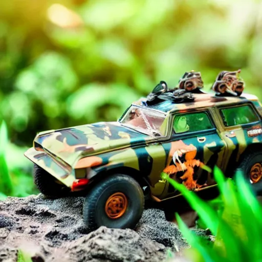 Image similar to 3 5 mm photo of militar car like hot wheels model in jungle as background, on an very epic cinematic