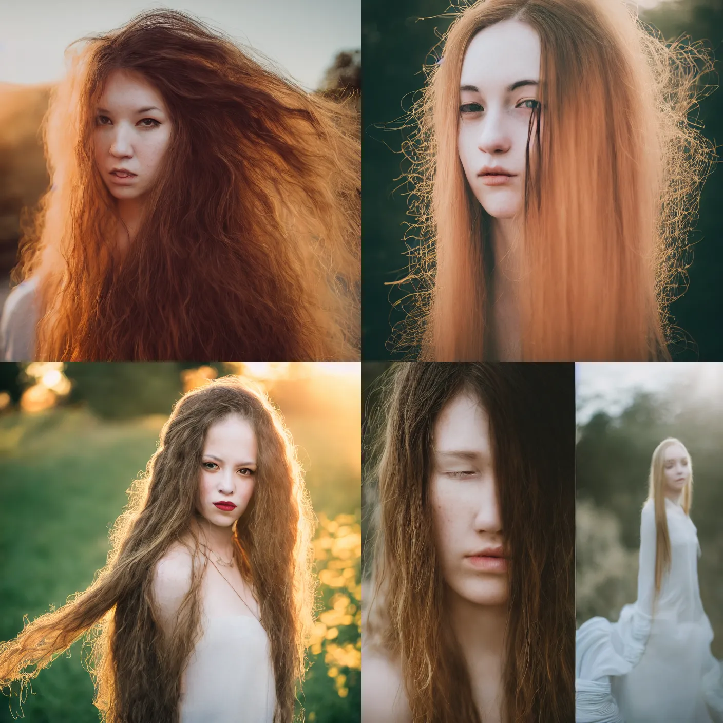 Prompt: portrait photography of a woman with long hair by jean james and marco mazzoni. color photography. detailed. golden hour. canon eos r 3, f / 1. 4, iso 2 0 0, 1 / 1 6 0 s, 8 k, raw, unedited, symmetrical balance, in - frame.