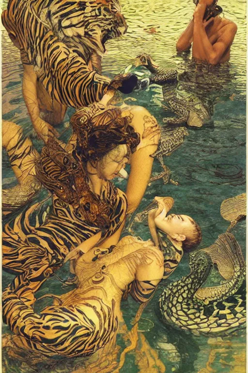 Image similar to a tiger a frog and a duck sharing a drinkby frantisek kupka, intricate, miles johnston, kuroda seiki, cynical realism, ozabu, john william godward, painterly, yoshitaka amano, moebius, miles johnston, louise zhang, james jean, mark ryden