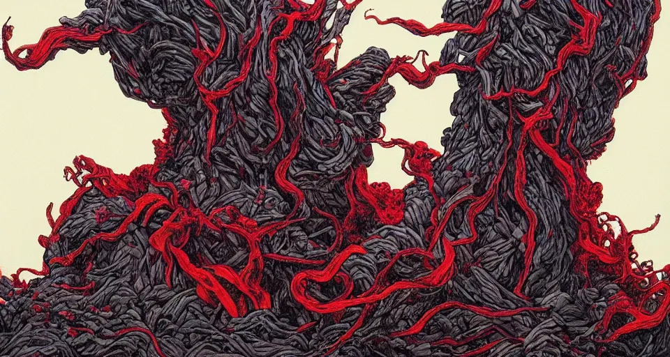 Image similar to a volcano made of ivory vines and crimson rocks enters in eruption, it spits a smoke in the shape of demonic eye, by James Jean