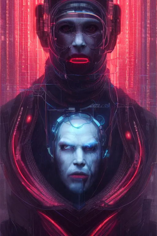 Image similar to head and shoulders render of man cyberpunk face ((glowing_red_eyes red emissives!)) android face inhuman creepy intimidating, exposed wiring bundle. detailed Tom Bagshaw and Greg Rutkowski and Alphonse Mucha Bladerunner 2049 artstation trending 165mm