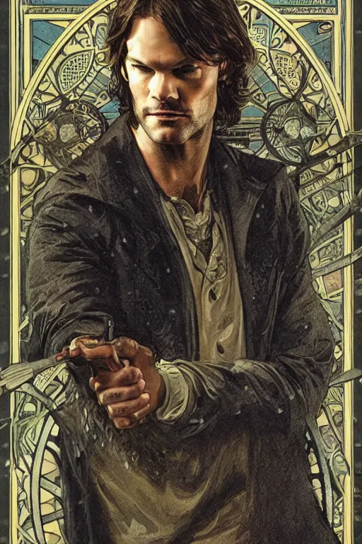 Prompt: a detailed tarot card of jared padalecki in a supernatural sherlock holmes story, 1 8 th century london in the rain, city streets, ominous, masterpiece, 8 k, art by alphonse mucha and greg rutkowski