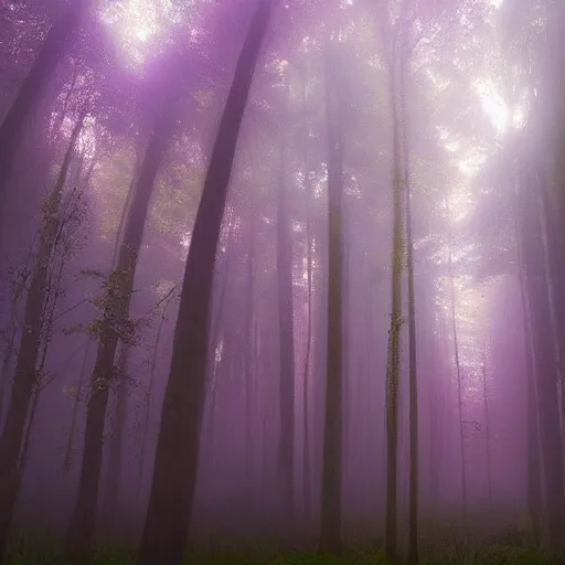 Image similar to surreal psychedelic magical aura forest with fog, bright will - o - wisps and gloomy lightning strikes