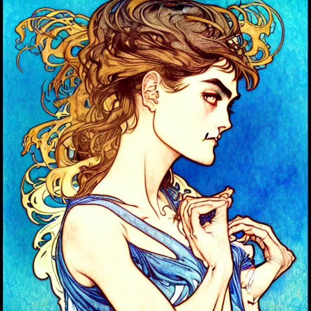 Image similar to in the style of artgerm, arthur rackham, alphonse mucha, phoebe tonkin, symmetrical eyes, symmetrical face, flowing blue skirt, hair blowing, intricate filagree, hidden hands, warm colors, cool offset colors