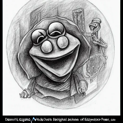 Prompt: Kermit the Frog in the deepest part of Hell, in the style of the Divine Comedy by Dante Alighieri, pencil sketch