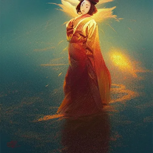 Image similar to semi semi realistic digital painting!! portrait of beautiful geisha flying over a lake filed with molten gold, volume lighting, concept art, by greg rutkowski, dramatic, xray melting colors!!