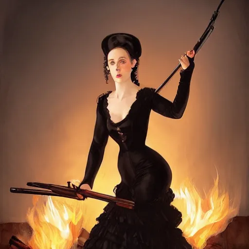 Prompt: a beautiful young woman, pale skin, black long hair, aristocrat, black expensive dress from 1 8 6 0, holding a rifle, illuminated by campfire, oil painting, digital art, studio photo, realistic, artstation, high quality, wild west