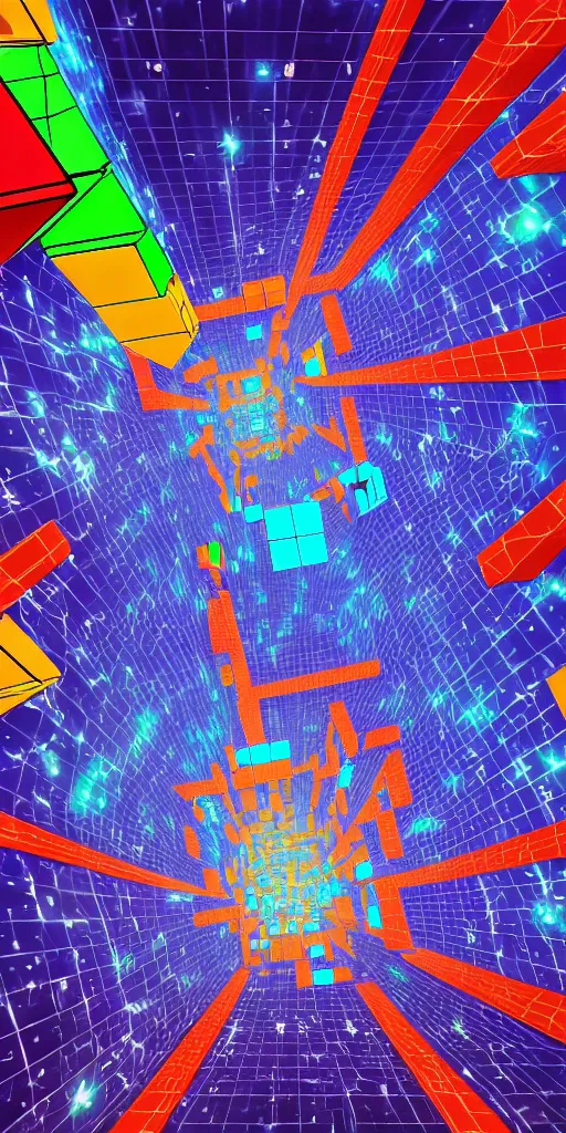 Prompt: looking up at a Tetris game in 5 dimensions of outer space, wide angle, time portals, digital art, glowing geometric glass fractals floating, 8K