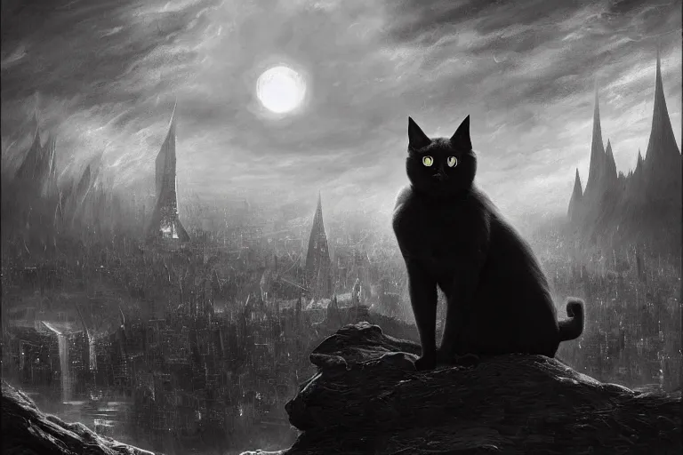 Prompt: artstation concept of a black cat as the dark lord sauron fighting a war against humans, dark mordor background, evil and dark, hyperdetailed, artstation trending, world renowned artists, worth1000.com, historic artworks society, antique renewel, cgsociety, by greg rutkowski, by Gustave Dore, Deviantart