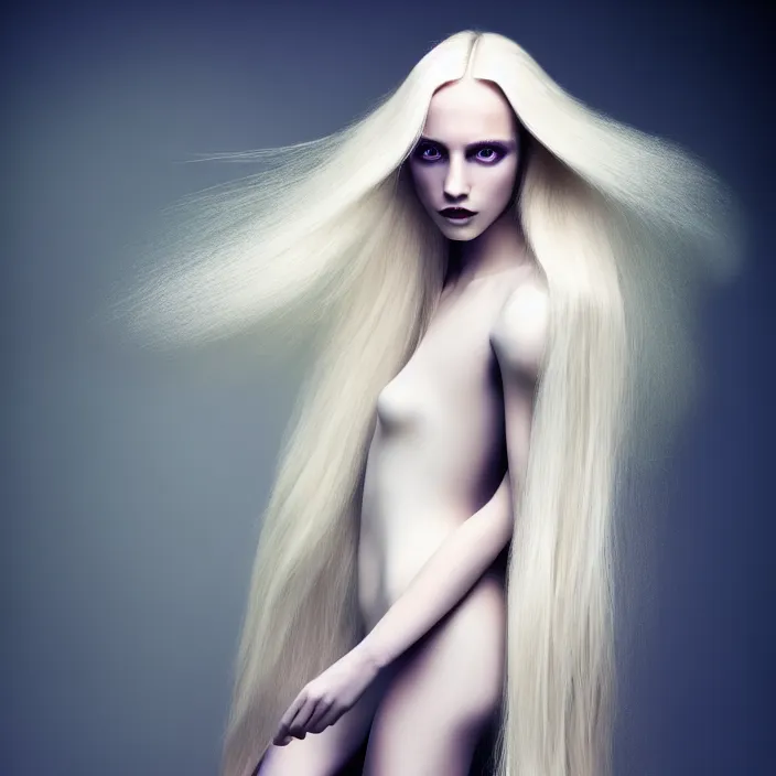 Image similar to a beautiful woman with long blond hair, total body dressed in long white, fine art photography light painting by Paolo Roversi, professional studio lighting, volumetric lighting, dark colors scheme background, hyper realistic kodak photography, in style of vogue fashion magazine