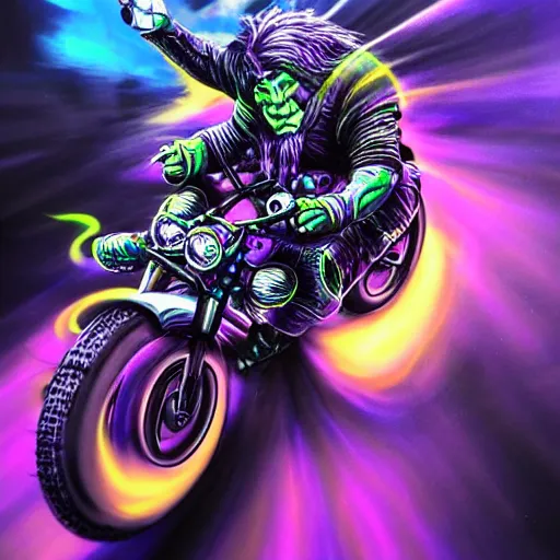 Prompt: psychedelic blacklight airbrush artwork, motorcycle, hyper stylized action shot of an orc biker riding a motorcycle, clear focused details, soft airbrushed artwork, black background, cgsociety, artstation