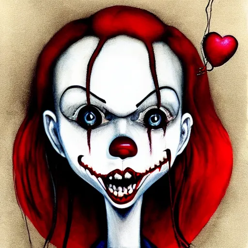 Prompt: grunge painting of yourself with a wide smile and a red balloon by chris leib, loony toons style, pennywise style, corpse bride style, horror theme, detailed, elegant, intricate