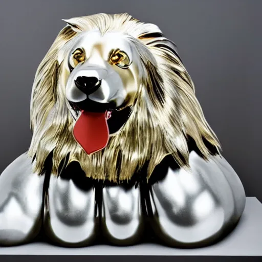 Prompt: A shiny metallic sculpture of a rough collie by Jeff Koons