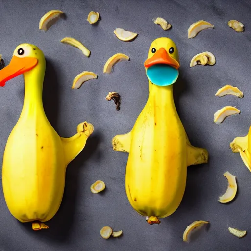 Image similar to professional photograph of banana ducks, peeled bananas with googly eyes and duck beaks