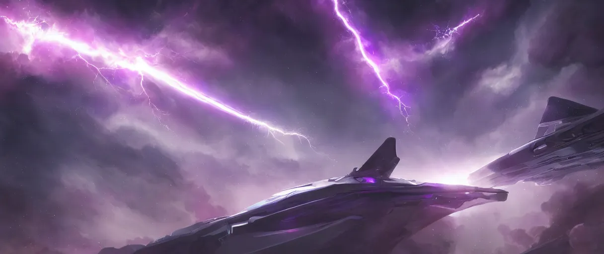 Image similar to purple lightning in space, stars, nebula, matte painting, futuristic, sci fi, style of tim barton digital painting, trending on artstation, high detail, volumetric lighting, godrays