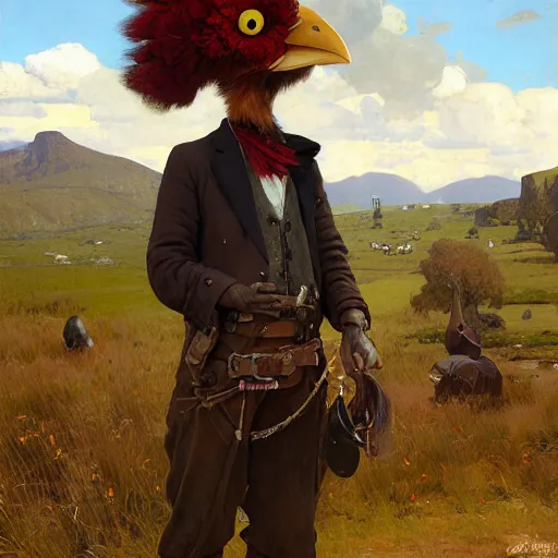Image similar to wild west portrait of furry anthro anthropomorphic chicken head animal person fursona wearing clothes in the valley, sunny day, digital art by Nerdrum John, William Waterhouse, Winslow Homer, Alex Heywood, Jordan Grimmer, Darren Quach, Greg Rutkowski, Simon Stalenhag, trending on Artstation, CGSociety