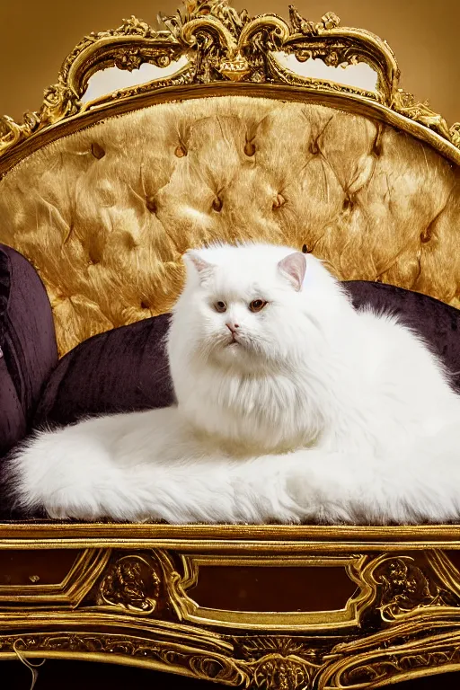 Prompt: a magnificent wet plate photo portrait of a fluffy fat royal cat on an embroidered velvet cushion on a neo - rococo gilded little bed, by david lachapelle, photorealistic, photography, wide shot