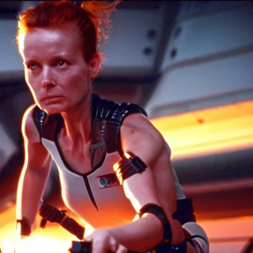 Prompt: Alien, Ripley, LeeLoo, Starship Troopers, Sprinters in a race with a clear winner, The Olympics footage, intense moment, cinematic stillframe, shot by Roger Deakins, The fifth element, vintage robotics, formula 1, starring Geena Davis, sports photography, clean lighting