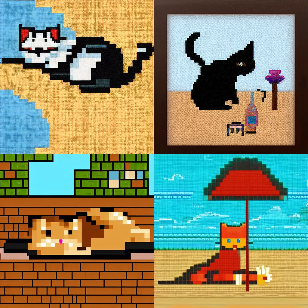 Prompt: a pixel art cat lounging on the beach