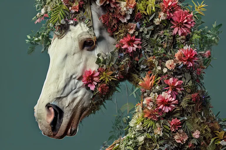 Image similar to a stunning horse made of plants by sandra chevrier and greg rutkowski, high key lighting, volumetric light, digital art, highly detailed, fine detail, intricate, ornate, complex, octane render, unreal engine, photorealistic