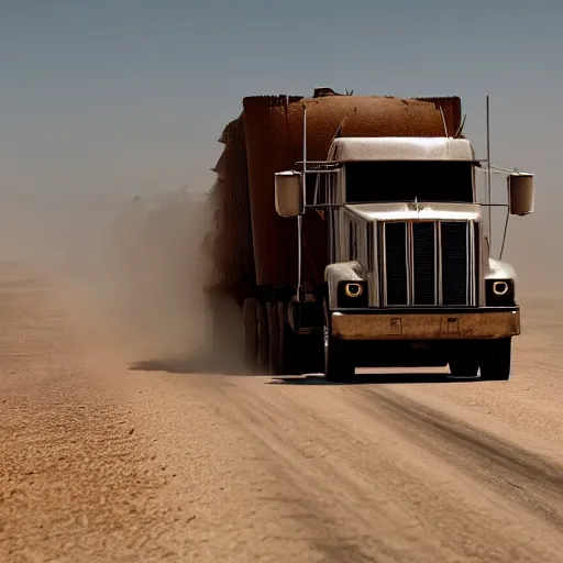 Prompt: argosy tractor trailer truck in mad max : fury road, midday light, dust storm,