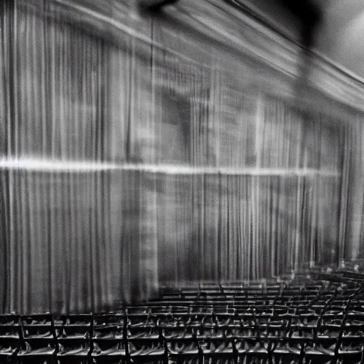 Prompt: a grainy photo of a shadowy figure in a birdcage on a large old abandoned theatre stage, black and white, motion blur, long exposure