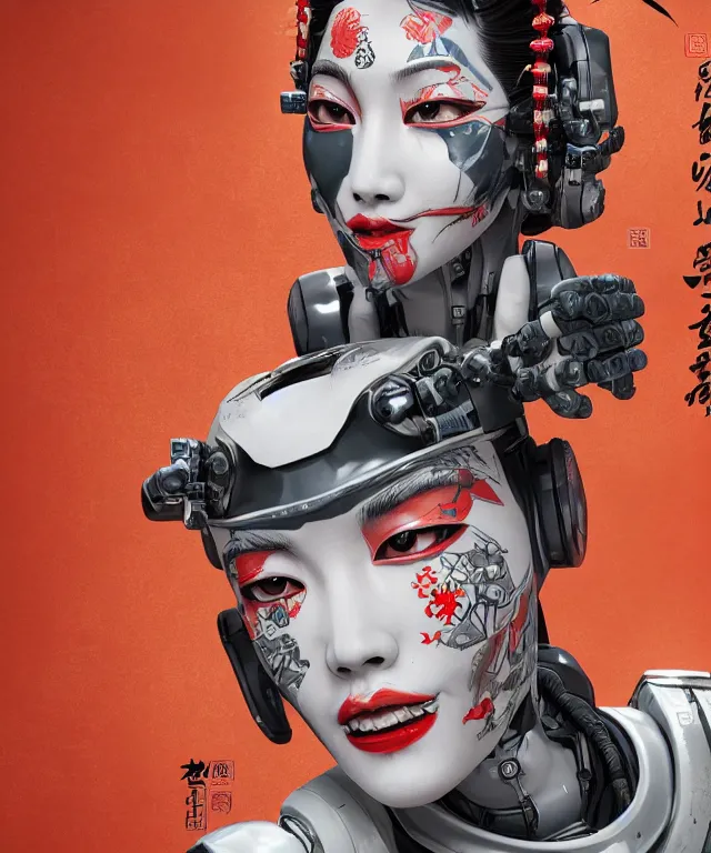 Image similar to an epic fantastic realism comic book style portrait painting of a japanese robotic geisha with kanji tattoos and decals, apex legends, octane render, intricate detail, 4 k hd, unreal engine 5