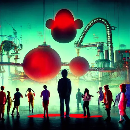 Image similar to a group of people around a giant giant mickey mouse head with blood, netflix logo, cyberpunk art by david lachapelle, cgsociety, dystopian art by industrial light and magic, concept art, neons, interior